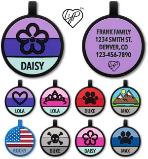 LYP - Our Original Soundless Pet ID Tag - Largest Line of Silicone Dog Tags - No More Jingling Dog Tags -Durable - Never Fades - Customized Deep Engraved Silicone (Flower - Purple)