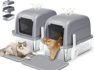 Meowant Stainless Steel Cat Litter Box 2Pcs, Extra Large 3-in-1 Enclosed/Open Top Metal Litter Box with Lid, Odorless Cat Litter Pan with High Sides