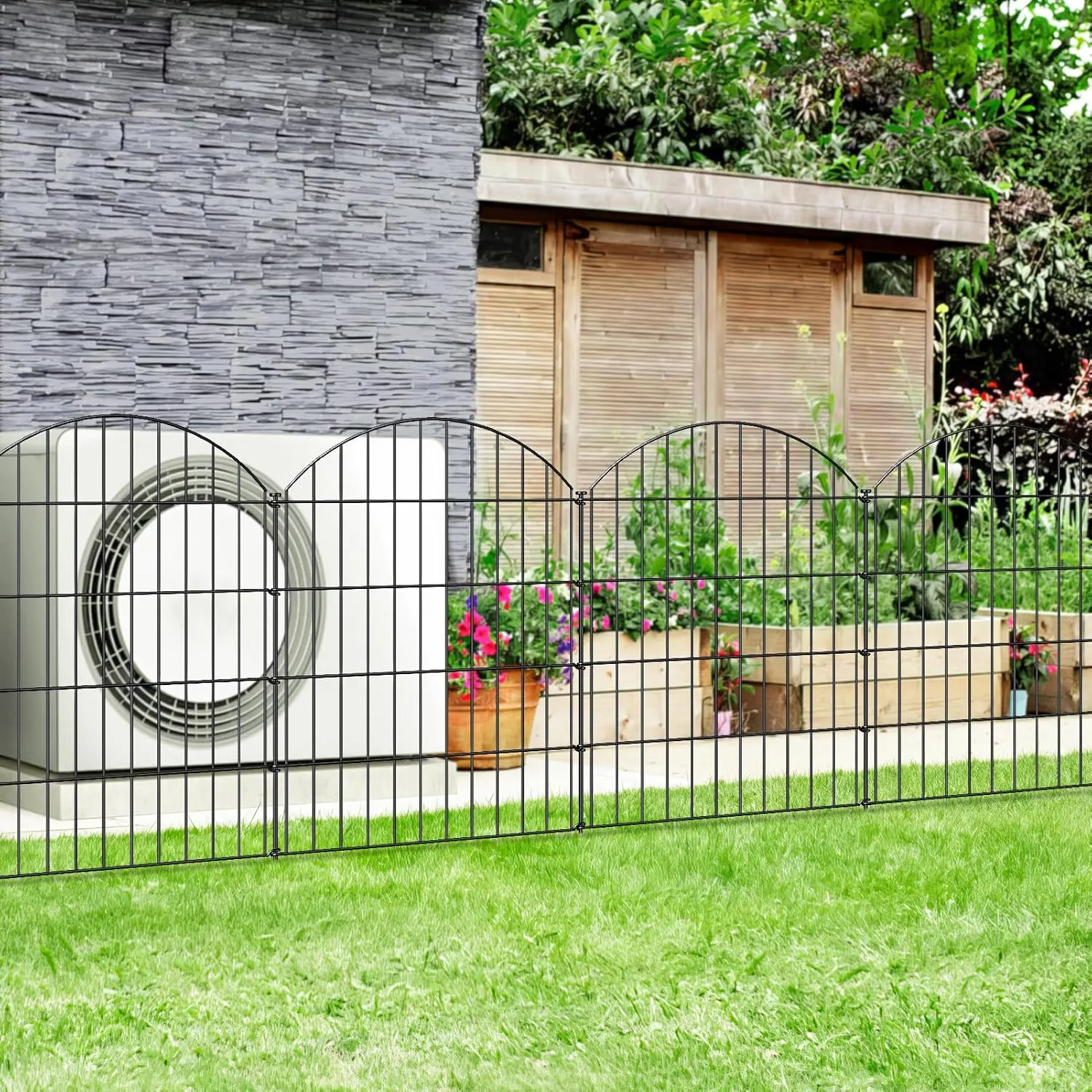 Metal Garden Fence, 10 Panels   11 Stakes, 36in H x 23.3ft L, Black, Steel, Dog Fence Border, Animal Barrier, No Dig Garden Fencing