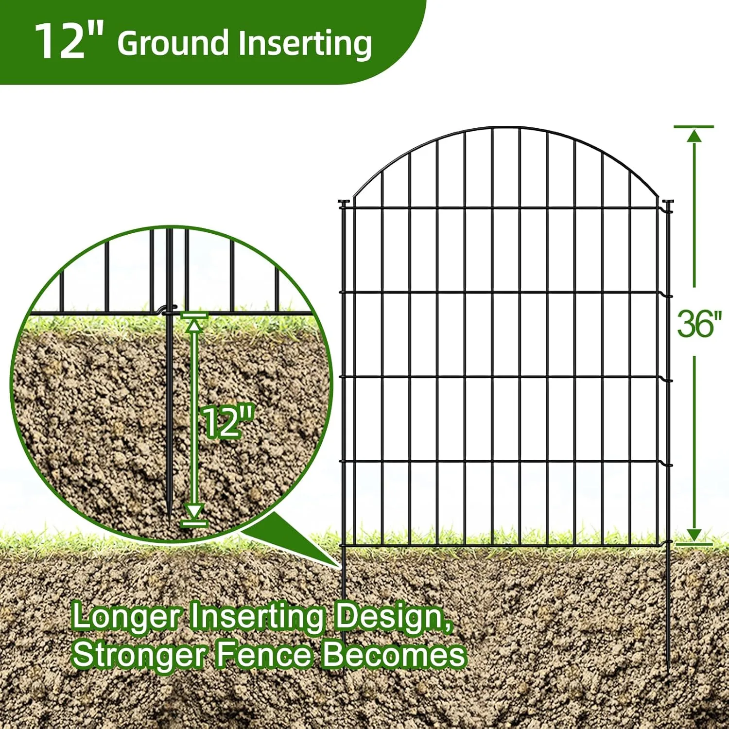 Metal Garden Fence, 10 Panels   11 Stakes, 36in H x 23.3ft L, Black, Steel, Dog Fence Border, Animal Barrier, No Dig Garden Fencing