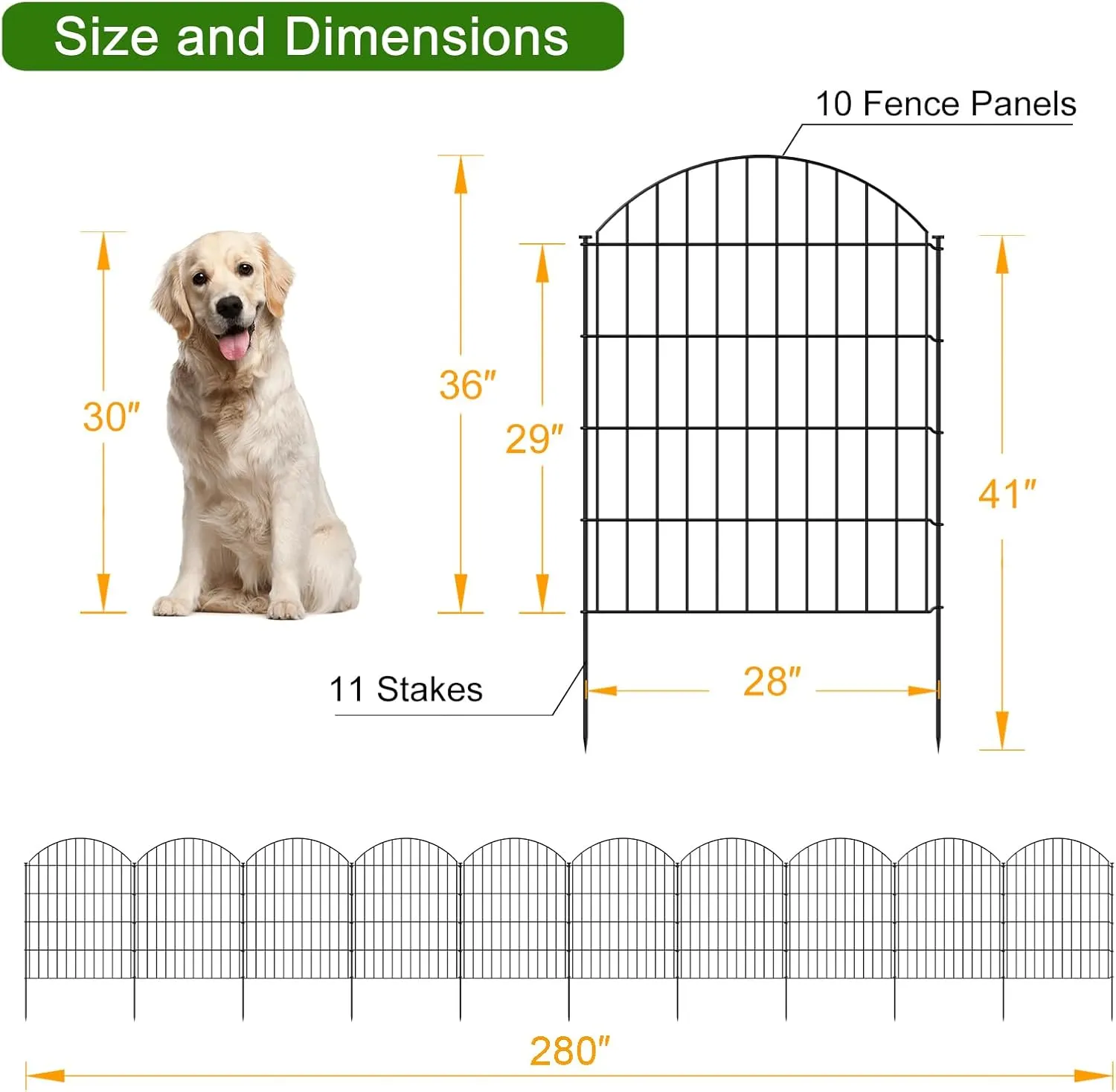 Metal Garden Fence, 10 Panels   11 Stakes, 36in H x 23.3ft L, Black, Steel, Dog Fence Border, Animal Barrier, No Dig Garden Fencing