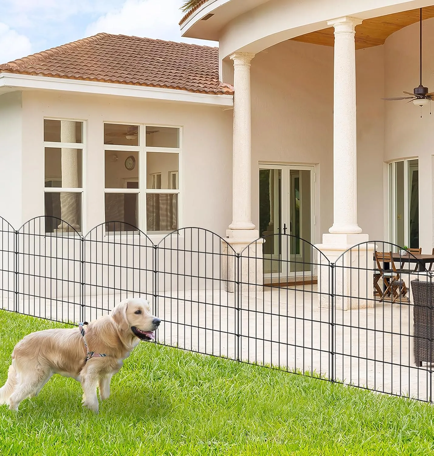 Metal Garden Fence, 10 Panels   11 Stakes, 36in H x 23.3ft L, Black, Steel, Dog Fence Border, Animal Barrier, No Dig Garden Fencing