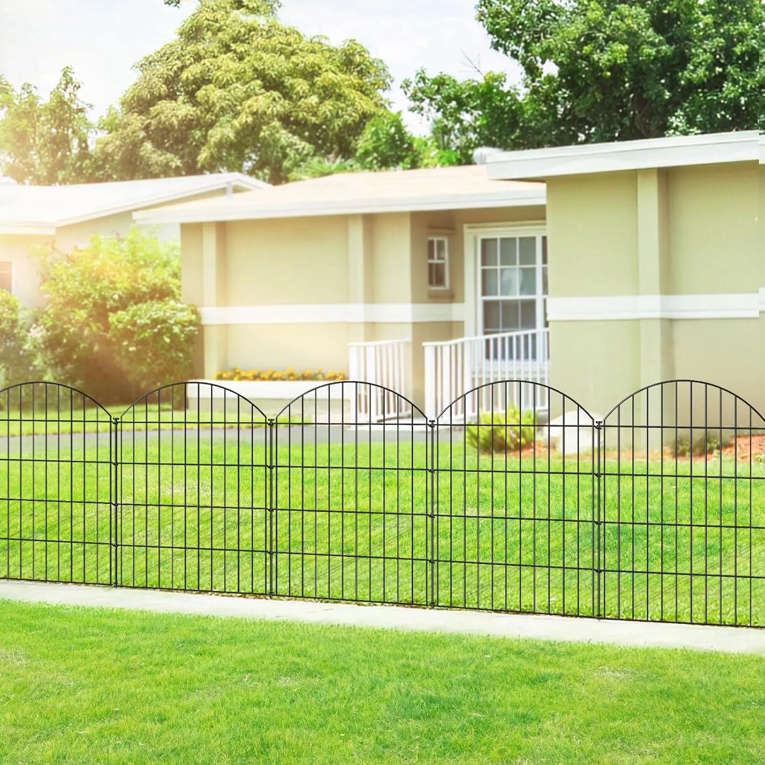 Metal Garden Fence, 10 Panels   11 Stakes, 36in H x 23.3ft L, Black, Steel, Dog Fence Border, Animal Barrier, No Dig Garden Fencing