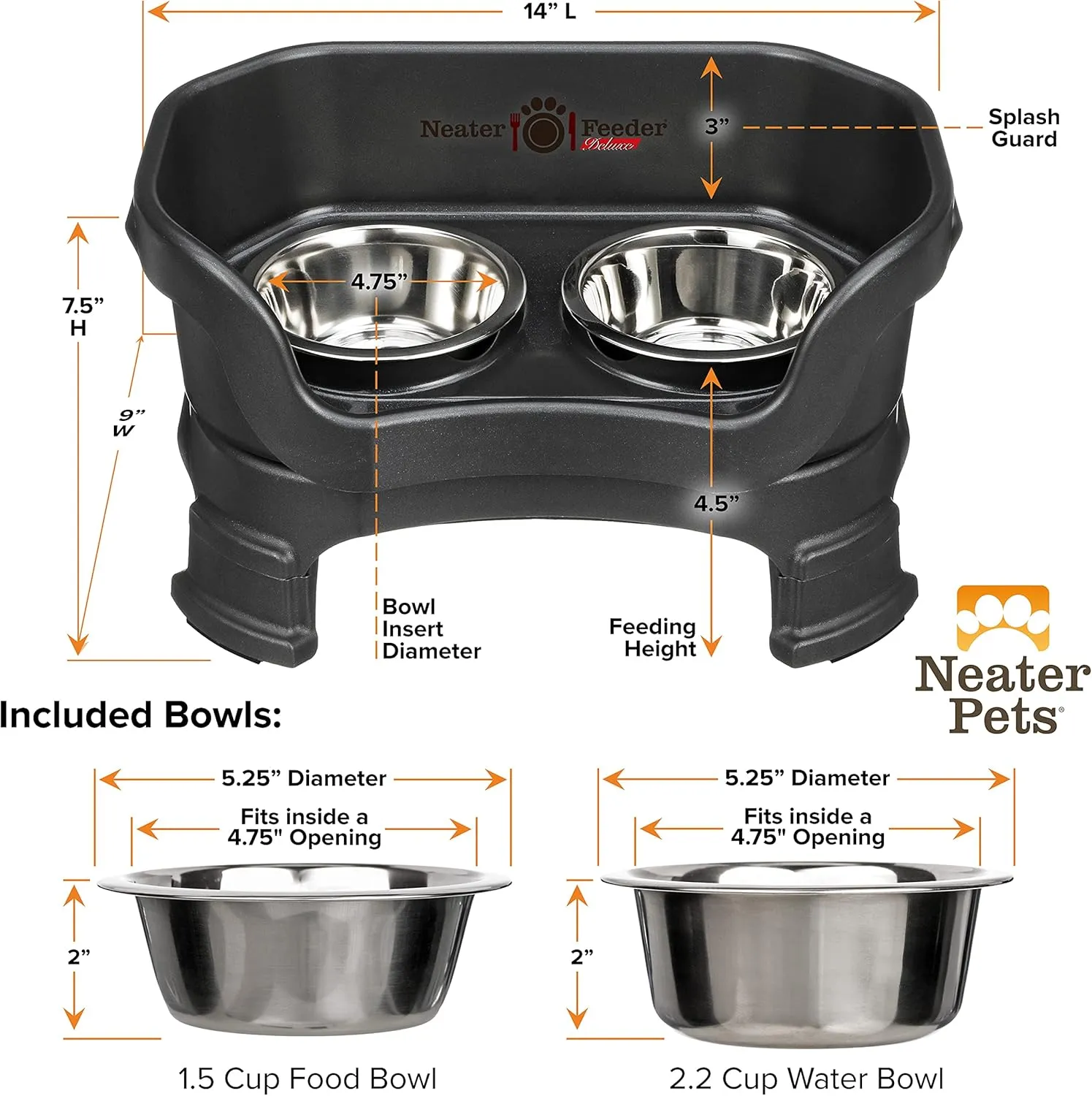 Neater Feeder Deluxe Mess Proof Dog Bowls Elevated for Small Breeds  Made in USA  No Spill Raised Dog Food Bowl Stand w/Leg Extensions  Stainless Steel Dog Food and Water Bowl Set  Black