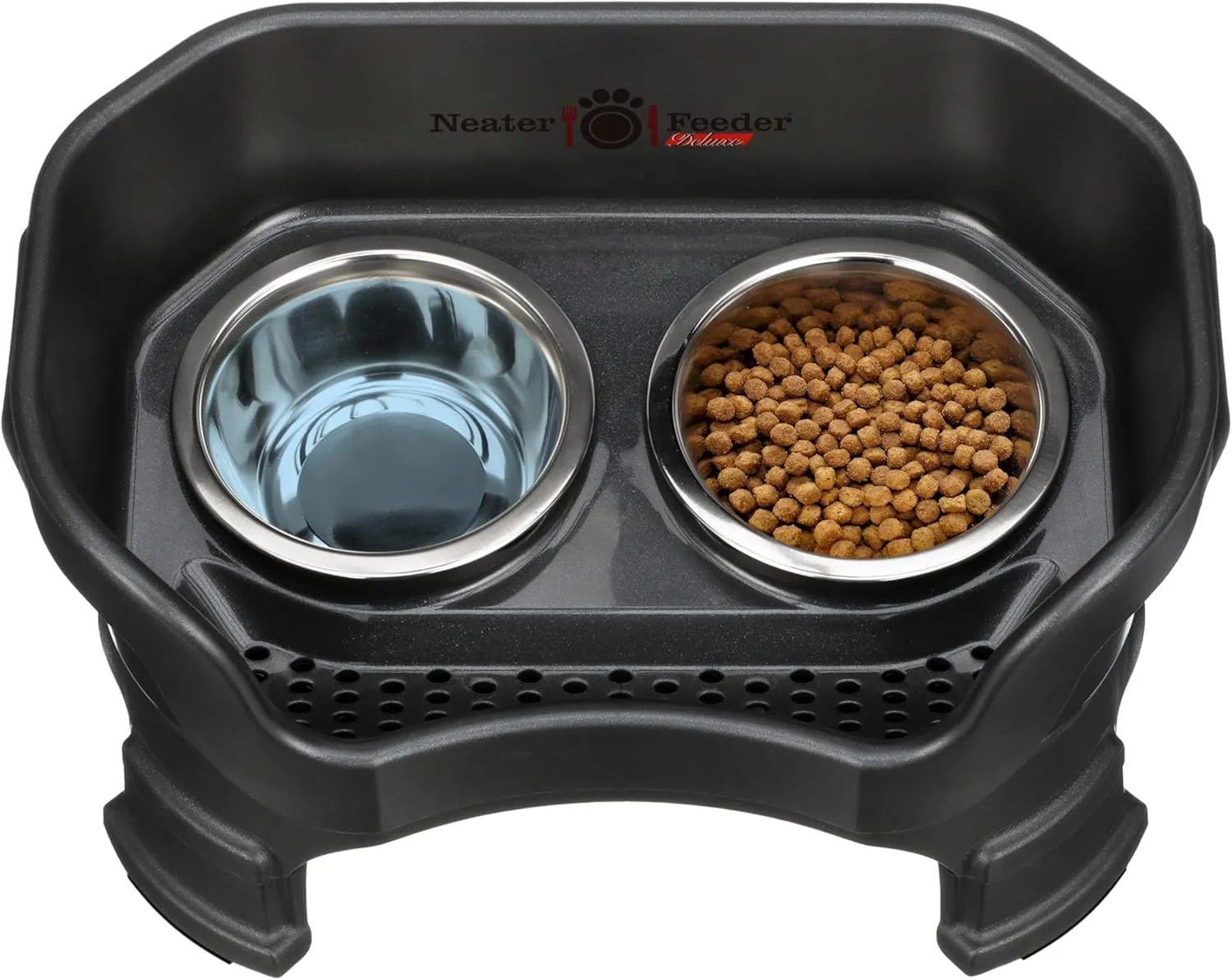 Neater Feeder Deluxe Mess Proof Dog Bowls Elevated for Small Breeds  Made in USA  No Spill Raised Dog Food Bowl Stand w/Leg Extensions  Stainless Steel Dog Food and Water Bowl Set  Black