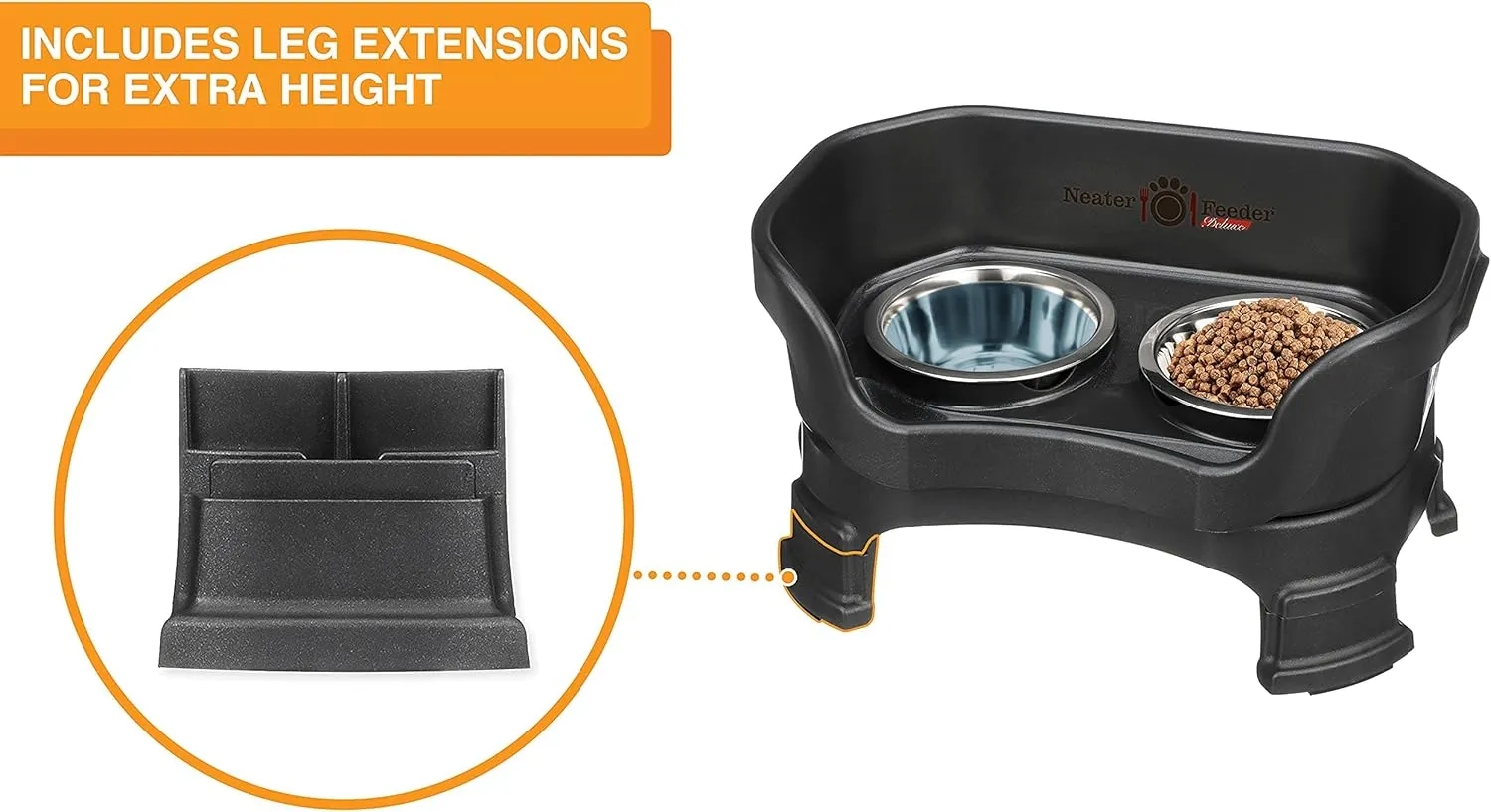 Neater Feeder Deluxe Mess Proof Dog Bowls Elevated for Small Breeds  Made in USA  No Spill Raised Dog Food Bowl Stand w/Leg Extensions  Stainless Steel Dog Food and Water Bowl Set  Black
