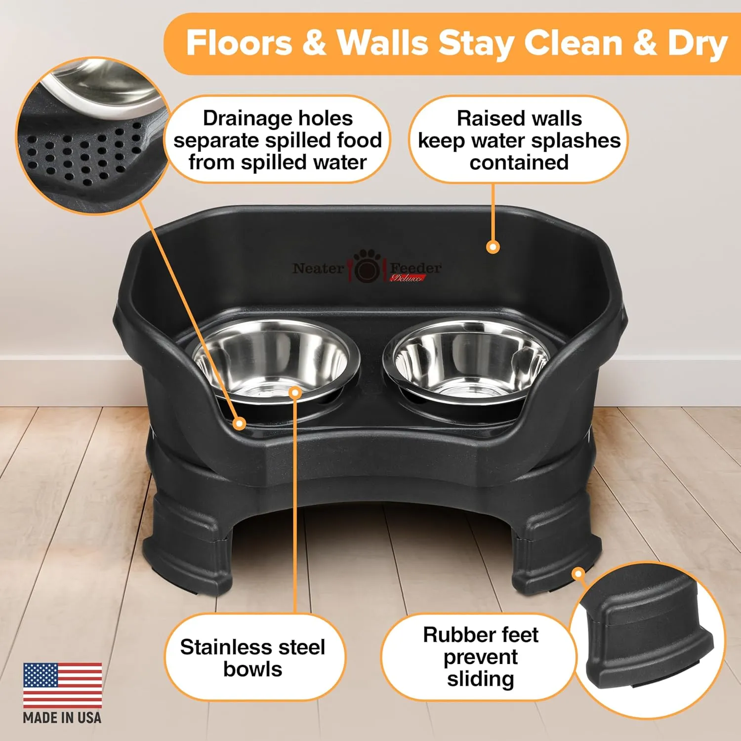 Neater Feeder Deluxe Mess Proof Dog Bowls Elevated for Small Breeds  Made in USA  No Spill Raised Dog Food Bowl Stand w/Leg Extensions  Stainless Steel Dog Food and Water Bowl Set  Black