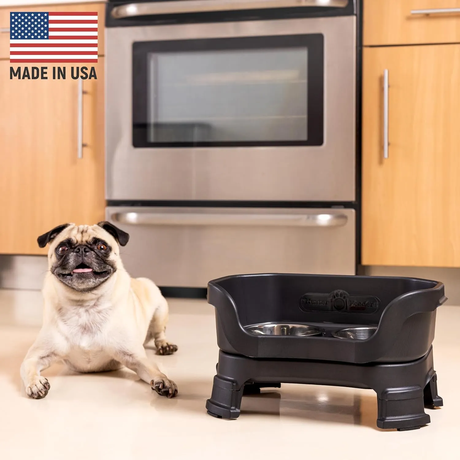 Neater Feeder Deluxe Mess Proof Dog Bowls Elevated for Small Breeds  Made in USA  No Spill Raised Dog Food Bowl Stand w/Leg Extensions  Stainless Steel Dog Food and Water Bowl Set  Black