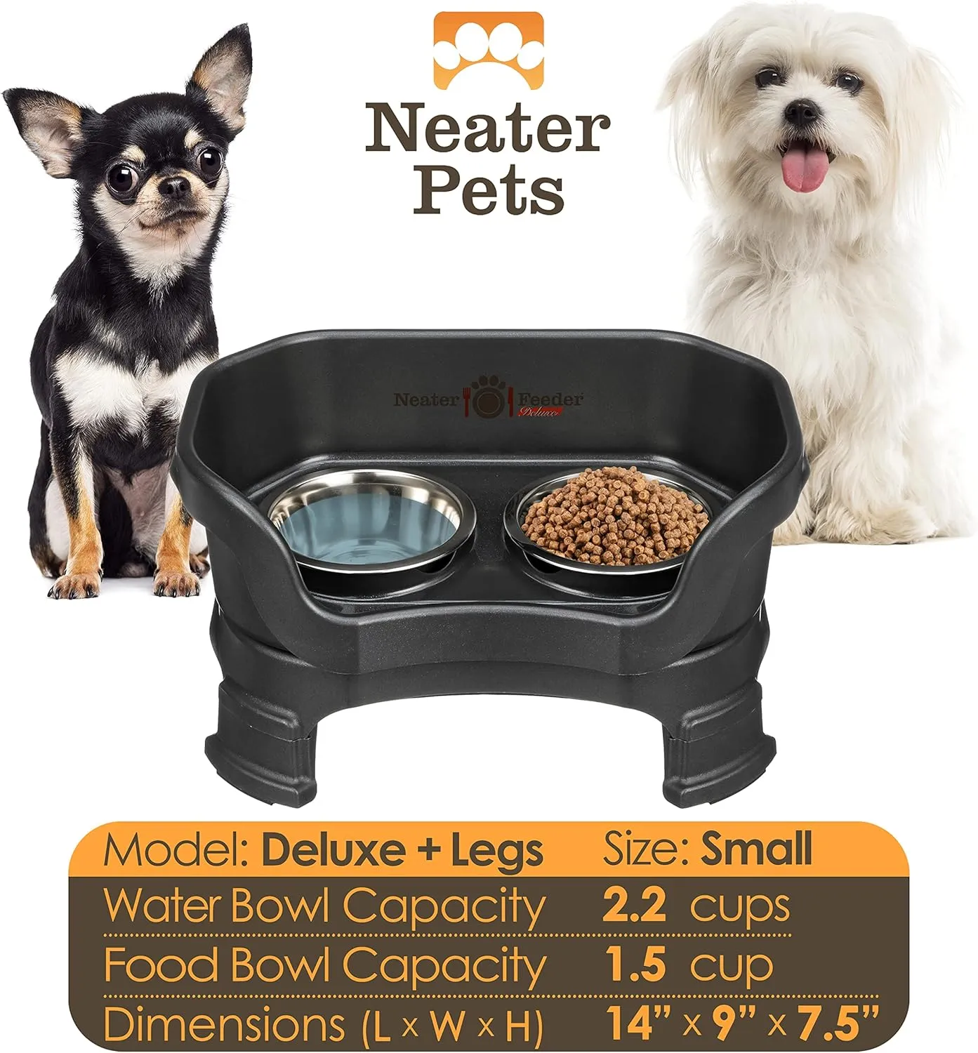 Neater Feeder Deluxe Mess Proof Dog Bowls Elevated for Small Breeds  Made in USA  No Spill Raised Dog Food Bowl Stand w/Leg Extensions  Stainless Steel Dog Food and Water Bowl Set  Black