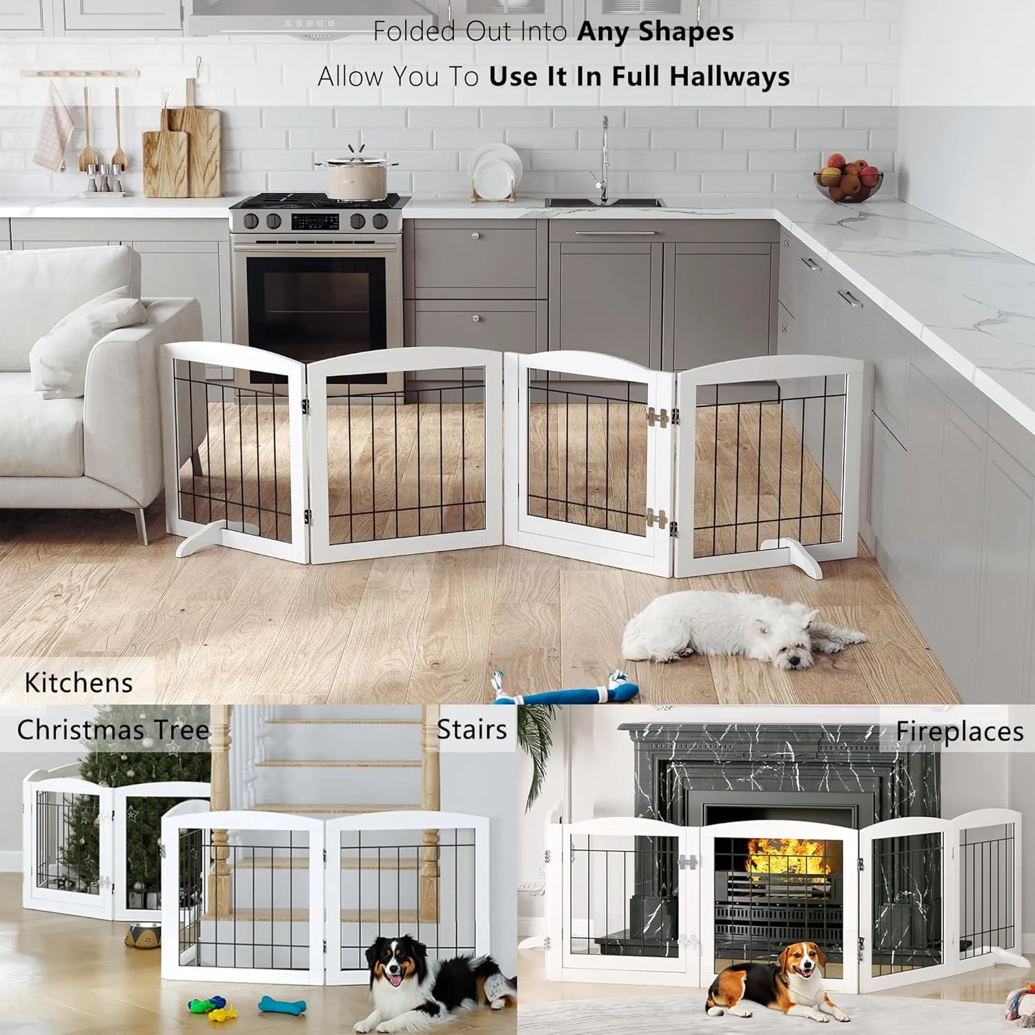 PAWLAND Dog Gate for The Doorways House Stairs Foldable Freestanding Indoor Pet Gate for Dogs Wooden Puppy Safety Fence 80" Wide 24" Height 4 Panels White
