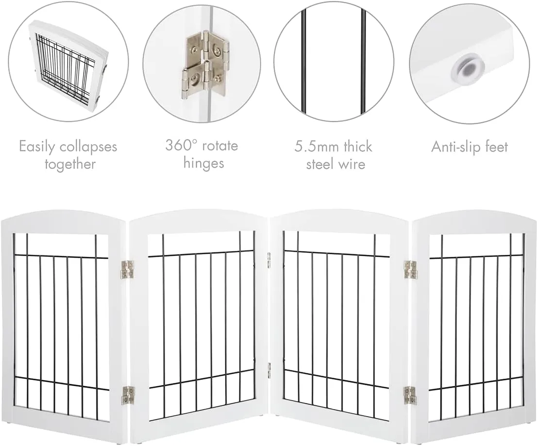 PAWLAND Dog Gate for The Doorways House Stairs Foldable Freestanding Indoor Pet Gate for Dogs Wooden Puppy Safety Fence 80" Wide 24" Height 4 Panels White
