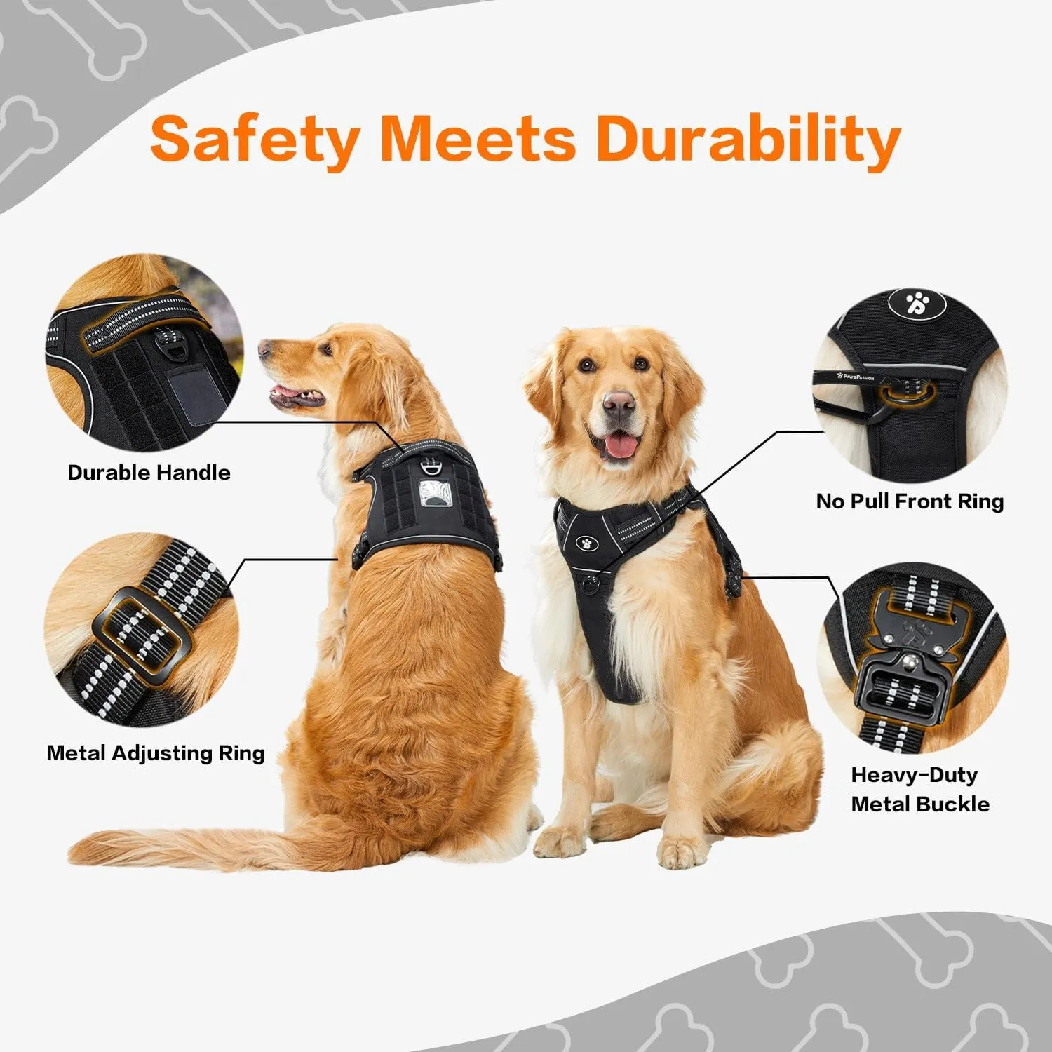 PawsPassion Tactical Dog Harness for Large Dogs, Chew-Proof Metal Hardware, Heavy Duty No Pull Dog Harness, Reflective Strips, Adjusting Ring, MOLLE System, Hook and Loop Panel (Stealth, L)
