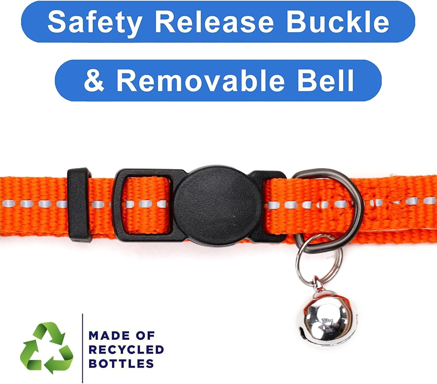 Pawtitas Recycled Cat Collar with Reflective Stitched and Safety Buckle Removable Bell Reflective Cat Breakaway Collar Made from Plastic Bottles - Orange Habanero Cat Collar.