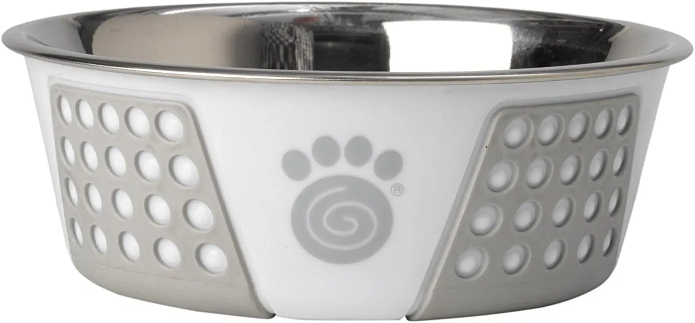 PetRageous 13095 Fiji Stainless Steel Non-Slip Dishwasher-Safe Dog Bowl 3.75-Cup Capacity 6.75-inch Diameter 2.5-inch Tall for Medium and Large Dogs, White and Grey