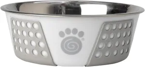 PetRageous 13095 Fiji Stainless Steel Non-Slip Dishwasher-Safe Dog Bowl 3.75-Cup Capacity 6.75-inch Diameter 2.5-inch Tall for Medium and Large Dogs, White and Grey