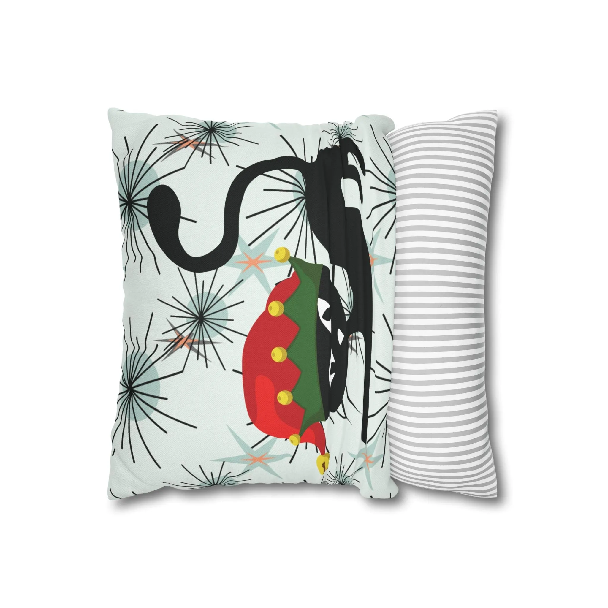 Pillowcase, Atomic Cat Mid Century Modern Christmas Pillow Cover, Retro Starburst Holiday Decor, 50s Kitsch Black Cat Elf Throw Cushion Cover