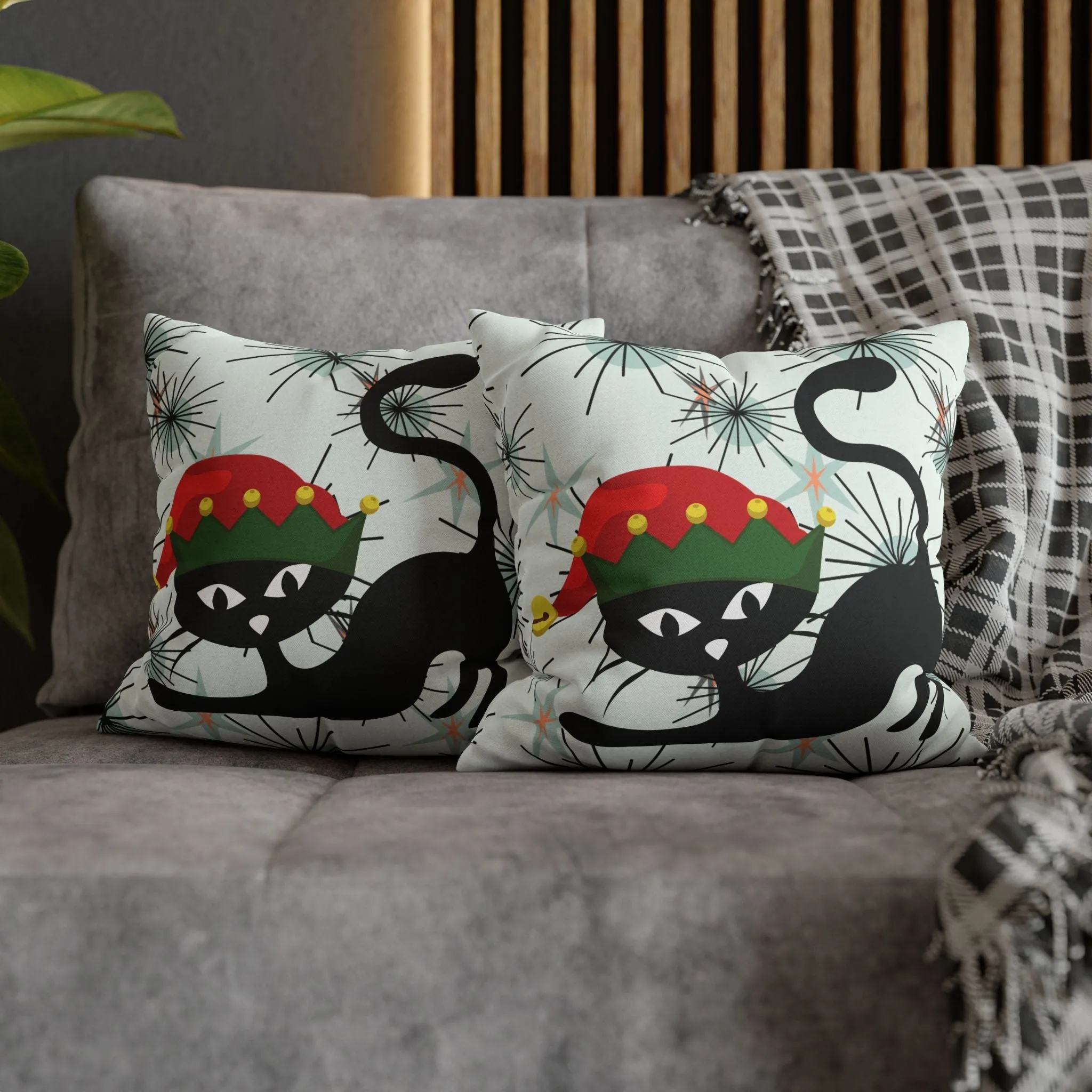 Pillowcase, Atomic Cat Mid Century Modern Christmas Pillow Cover, Retro Starburst Holiday Decor, 50s Kitsch Black Cat Elf Throw Cushion Cover