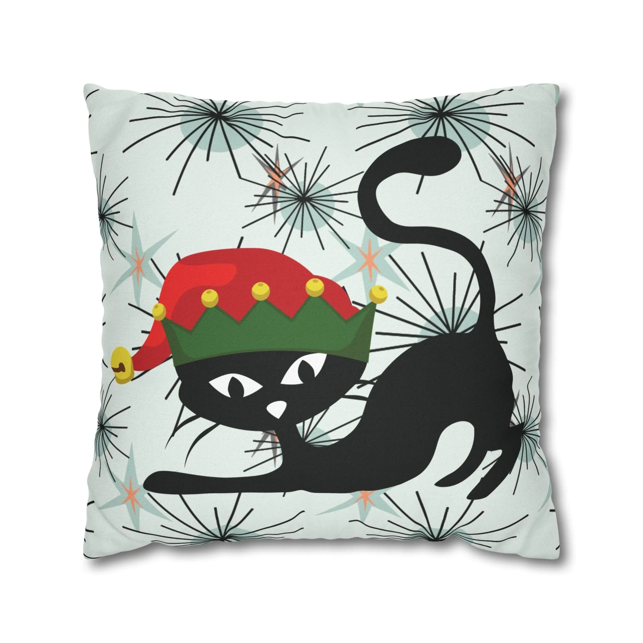Pillowcase, Atomic Cat Mid Century Modern Christmas Pillow Cover, Retro Starburst Holiday Decor, 50s Kitsch Black Cat Elf Throw Cushion Cover