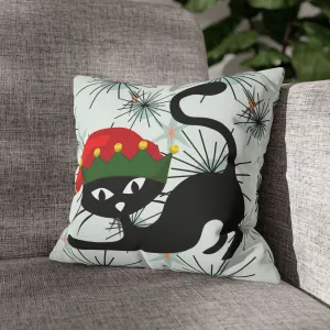 Pillowcase, Atomic Cat Mid Century Modern Christmas Pillow Cover, Retro Starburst Holiday Decor, 50s Kitsch Black Cat Elf Throw Cushion Cover