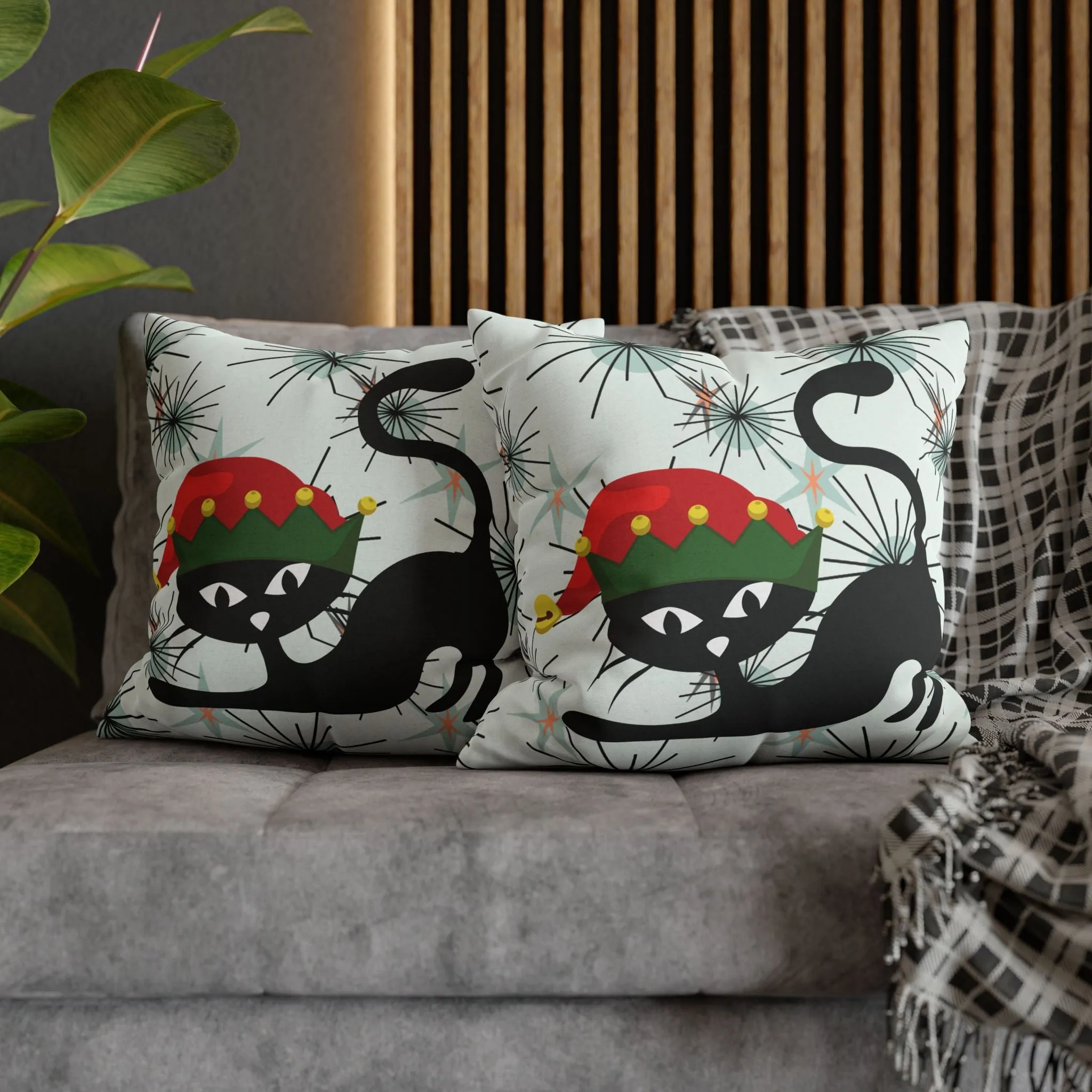 Pillowcase, Atomic Cat Mid Century Modern Christmas Pillow Cover, Retro Starburst Holiday Decor, 50s Kitsch Black Cat Elf Throw Cushion Cover