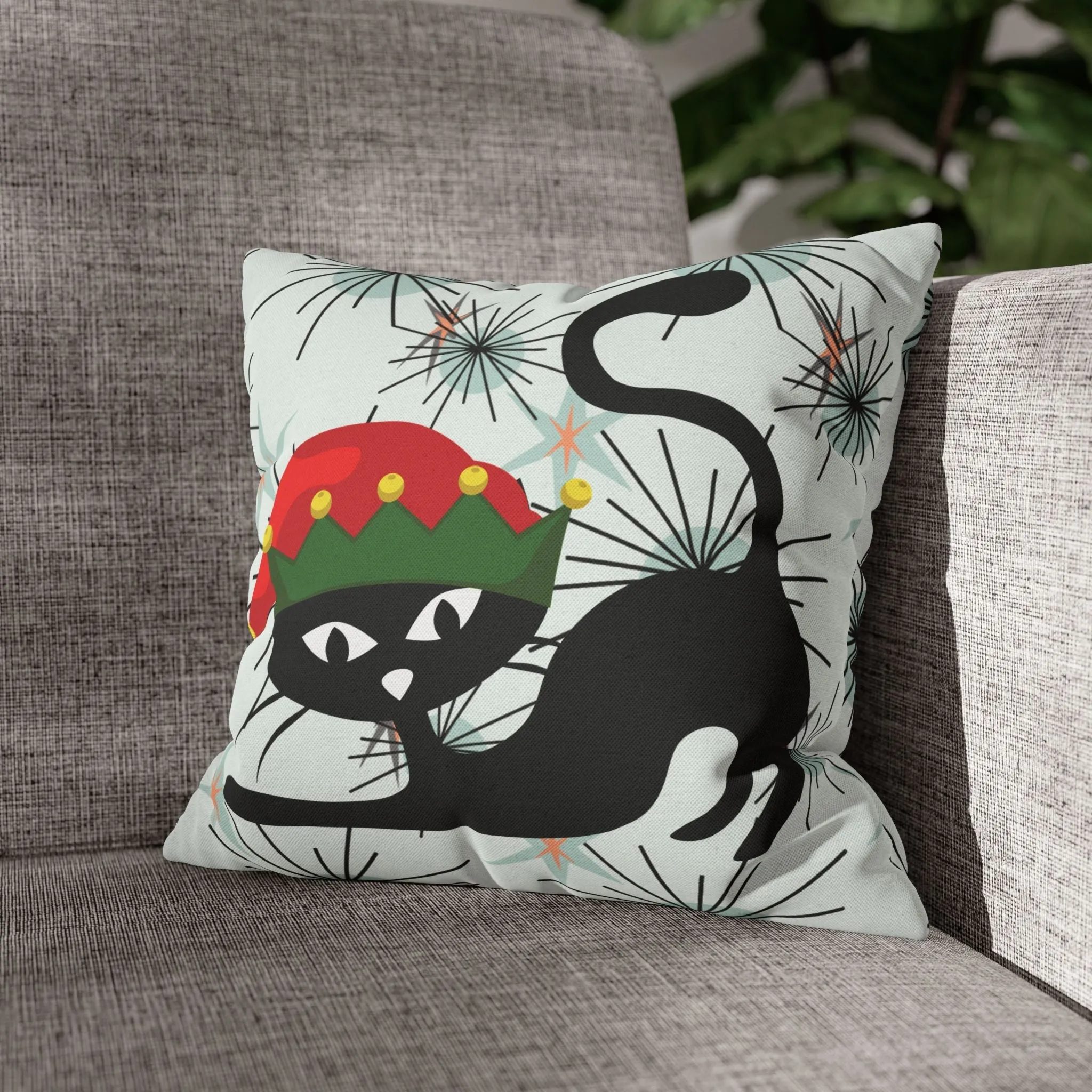 Pillowcase, Atomic Cat Mid Century Modern Christmas Pillow Cover, Retro Starburst Holiday Decor, 50s Kitsch Black Cat Elf Throw Cushion Cover