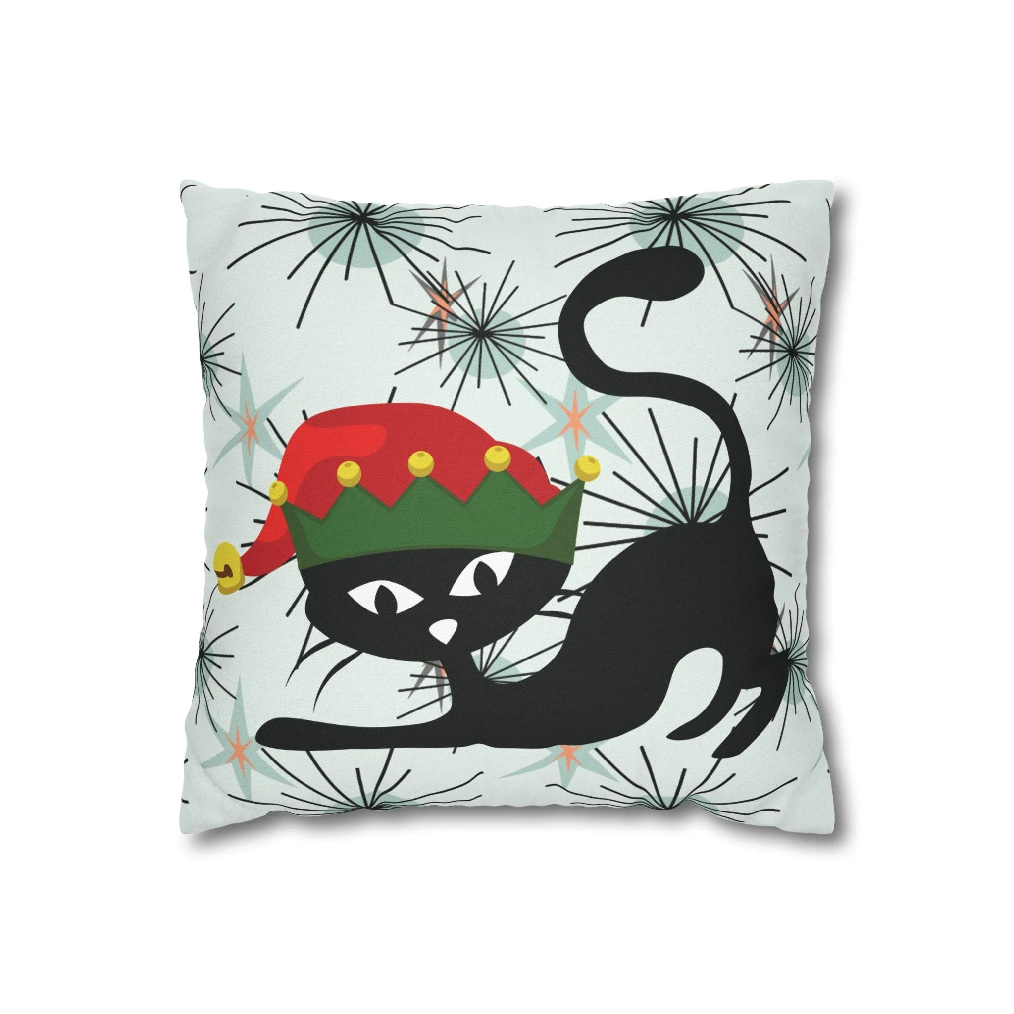 Pillowcase, Atomic Cat Mid Century Modern Christmas Pillow Cover, Retro Starburst Holiday Decor, 50s Kitsch Black Cat Elf Throw Cushion Cover