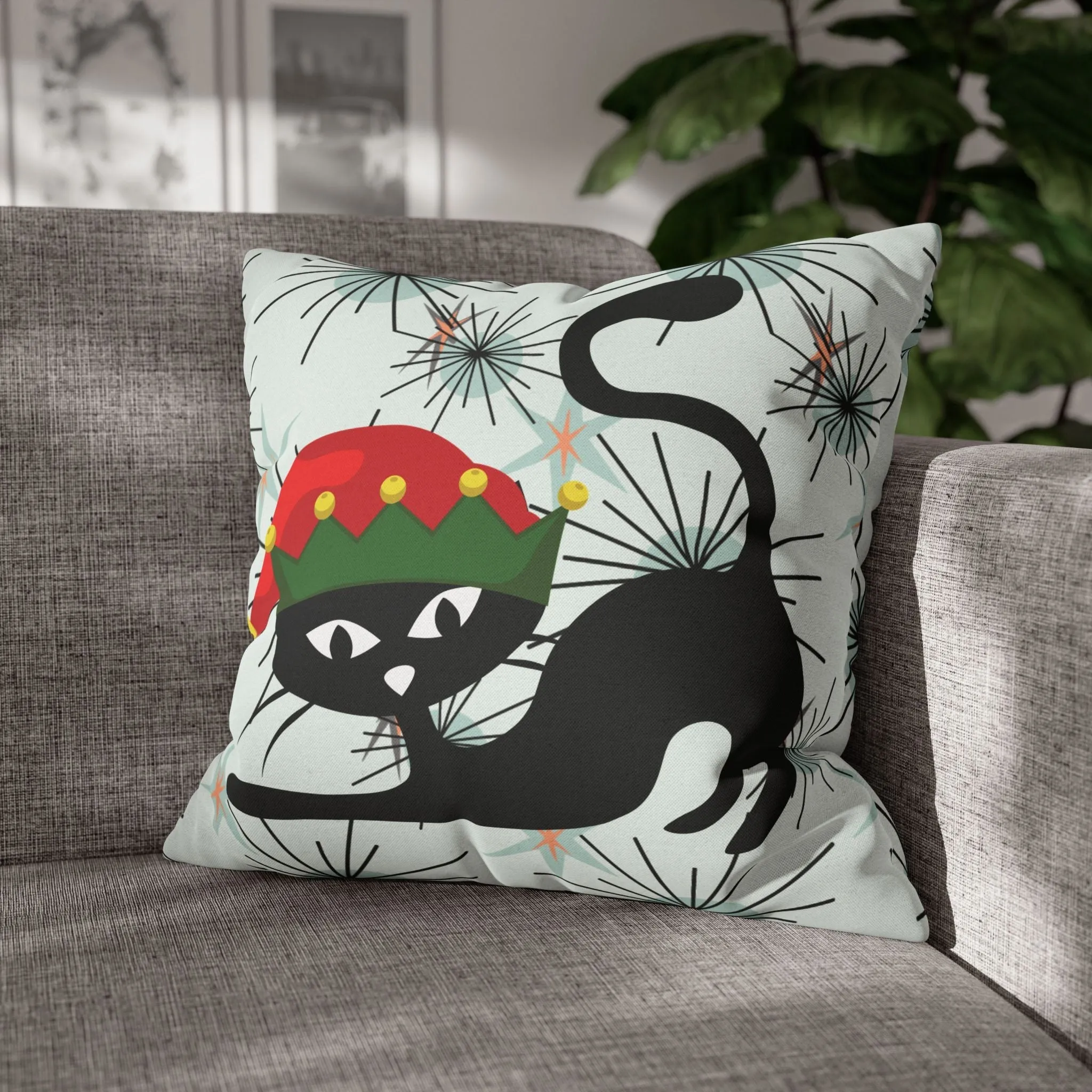 Pillowcase, Atomic Cat Mid Century Modern Christmas Pillow Cover, Retro Starburst Holiday Decor, 50s Kitsch Black Cat Elf Throw Cushion Cover
