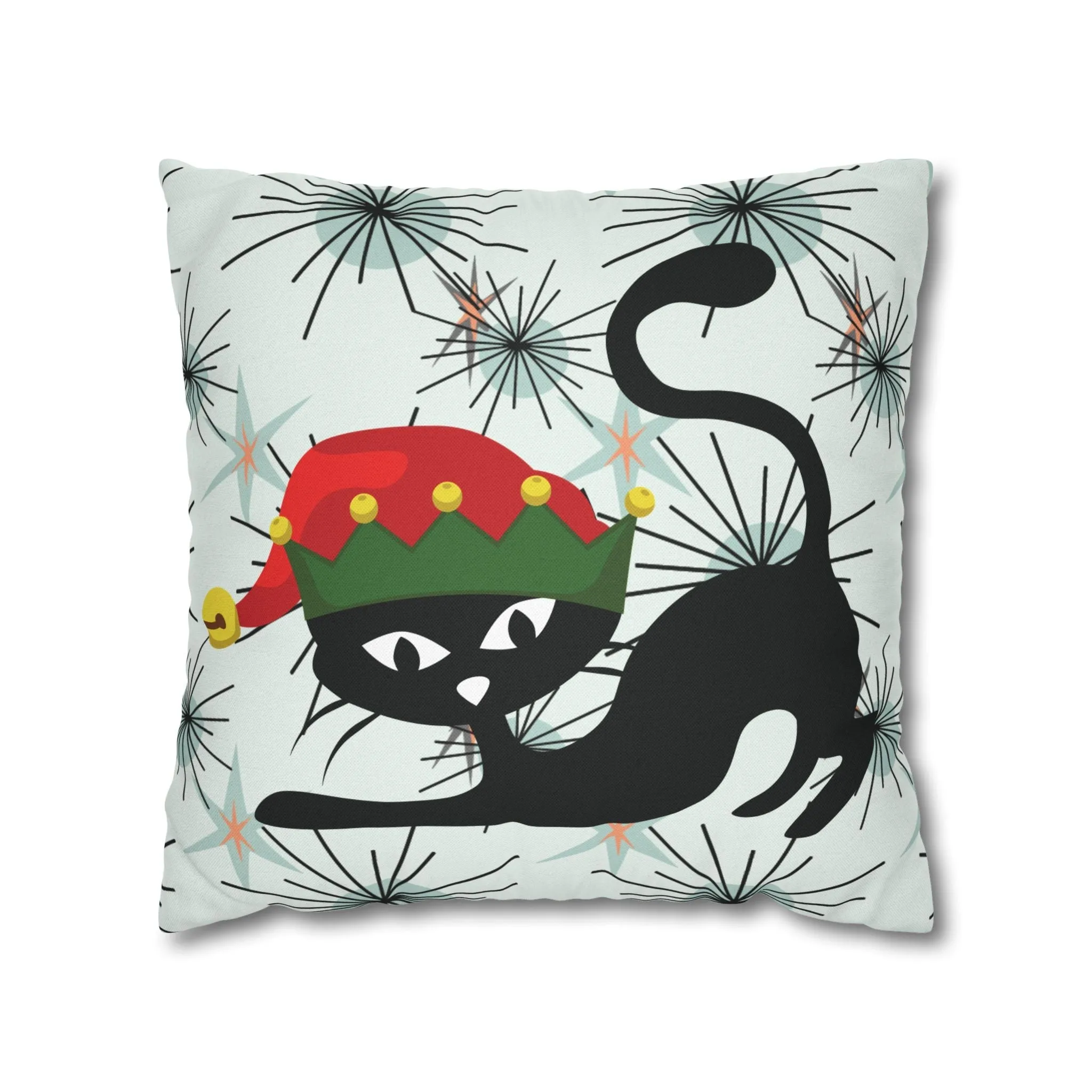 Pillowcase, Atomic Cat Mid Century Modern Christmas Pillow Cover, Retro Starburst Holiday Decor, 50s Kitsch Black Cat Elf Throw Cushion Cover