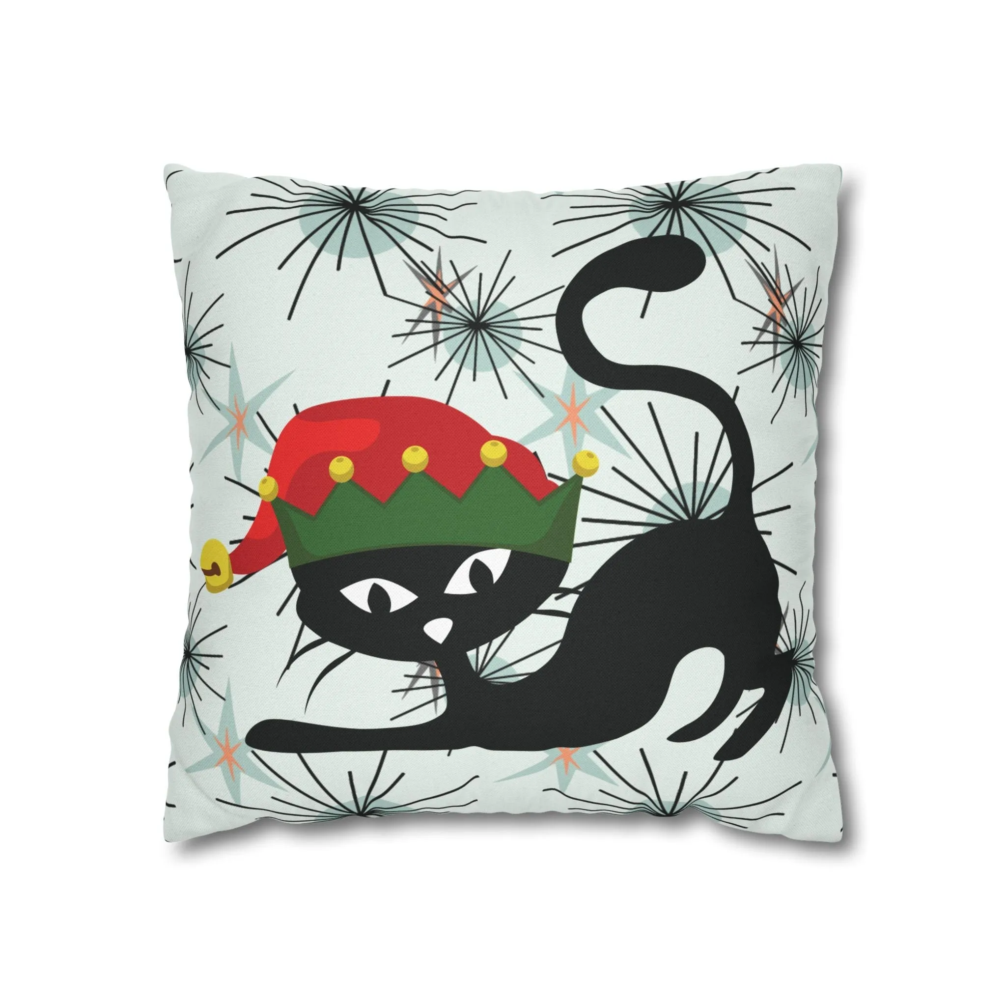 Pillowcase, Atomic Cat Mid Century Modern Christmas Pillow Cover, Retro Starburst Holiday Decor, 50s Kitsch Black Cat Elf Throw Cushion Cover