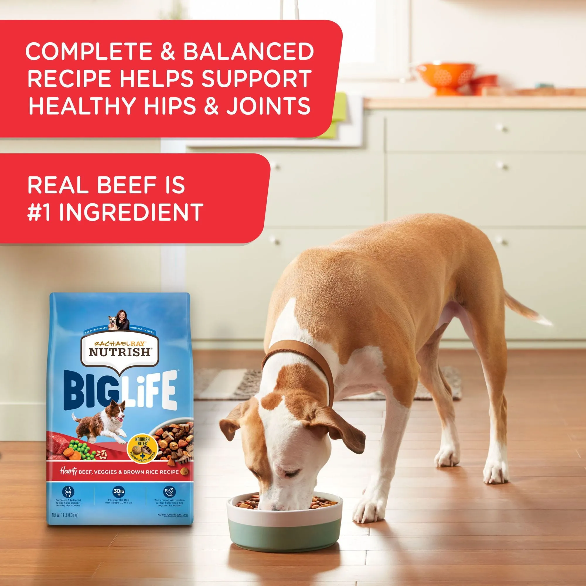 Rachael Ray Nutrish Big Life Dry Dog Food for Big Dogs, Hearty Beef, Veggies & Brown Rice Recipe, 14 lb Bag