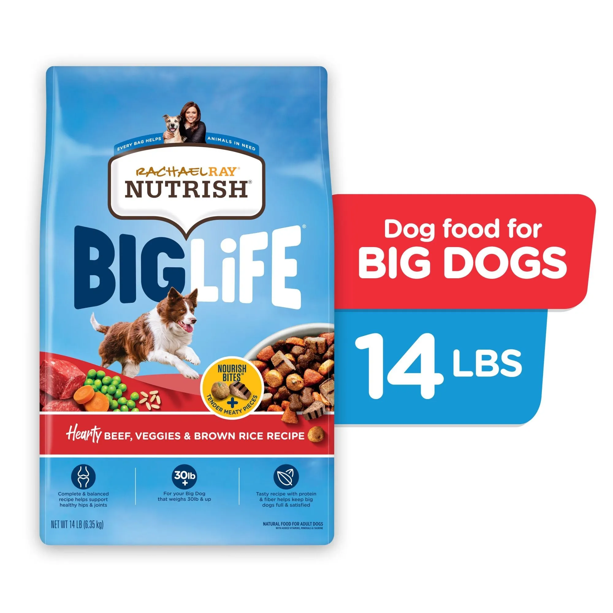 Rachael Ray Nutrish Big Life Dry Dog Food for Big Dogs, Hearty Beef, Veggies & Brown Rice Recipe, 14 lb Bag