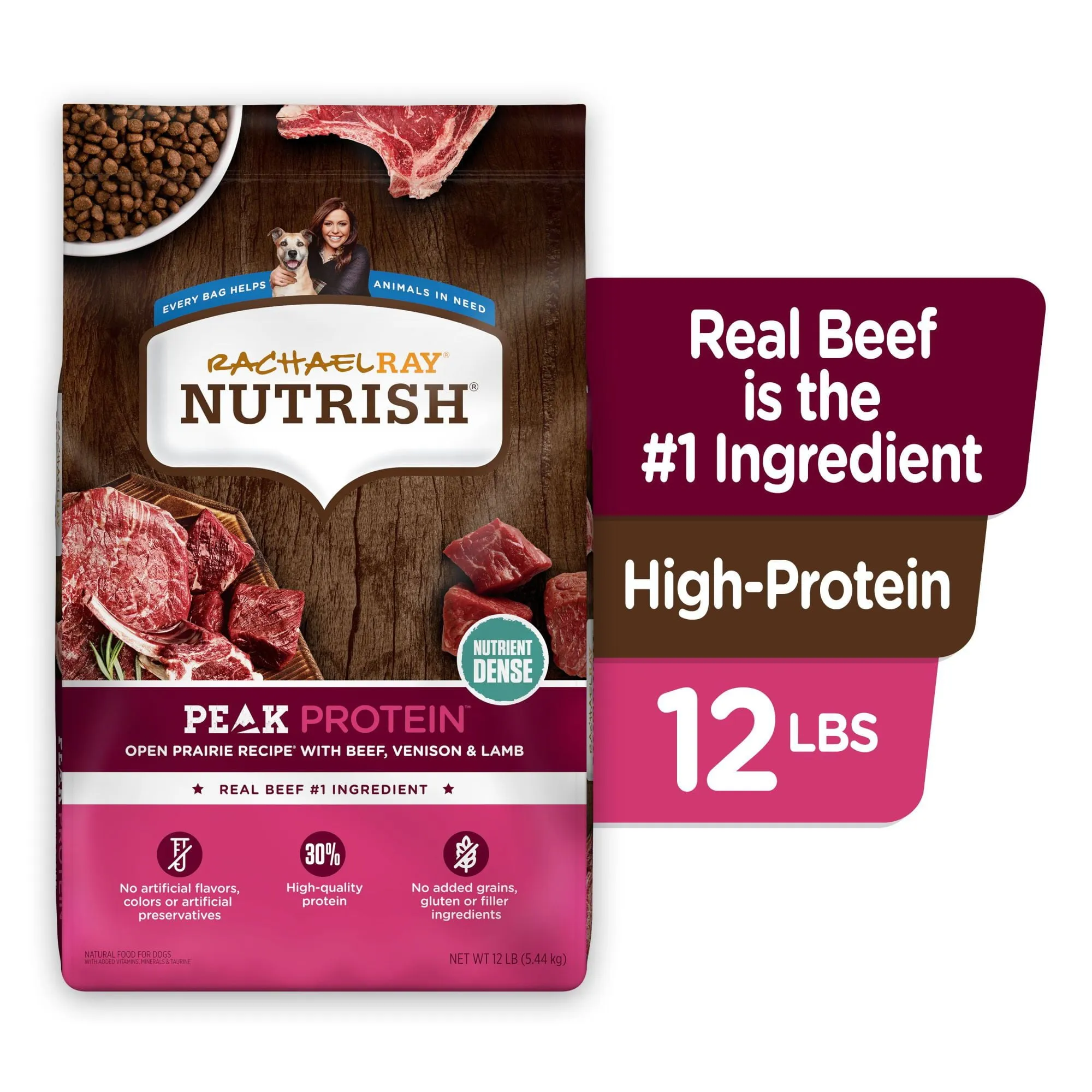 Rachael Ray Nutrish PEAK Protein Open Prairie Recipe With Beef, Venison & Lamb, Dry Dog Food, 12 lb. Bag