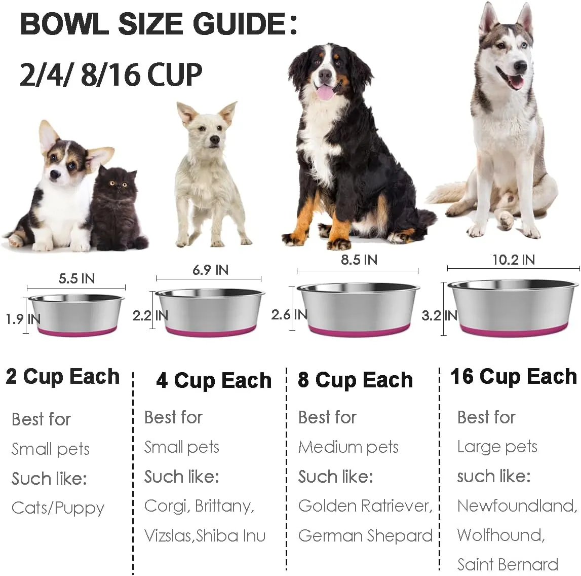 Set of 2 Dog Bowls, Rust Resistant Stainless Steel Pet Bowls, Holds 4 Cups, Heavy Duty Metal Food and Water Bowl for Feeding Dogs and Cats, Dishwasher Safe, BPA Free Rubber Base, Blue and Pink