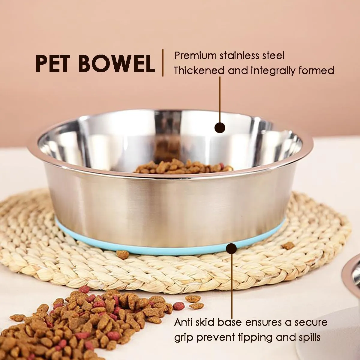 Set of 2 Dog Bowls, Rust Resistant Stainless Steel Pet Bowls, Holds 4 Cups, Heavy Duty Metal Food and Water Bowl for Feeding Dogs and Cats, Dishwasher Safe, BPA Free Rubber Base, Blue and Pink