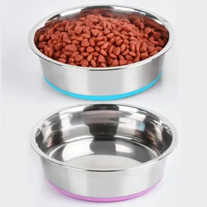 Set of 2 Dog Bowls, Rust Resistant Stainless Steel Pet Bowls, Holds 4 Cups, Heavy Duty Metal Food and Water Bowl for Feeding Dogs and Cats, Dishwasher Safe, BPA Free Rubber Base, Blue and Pink