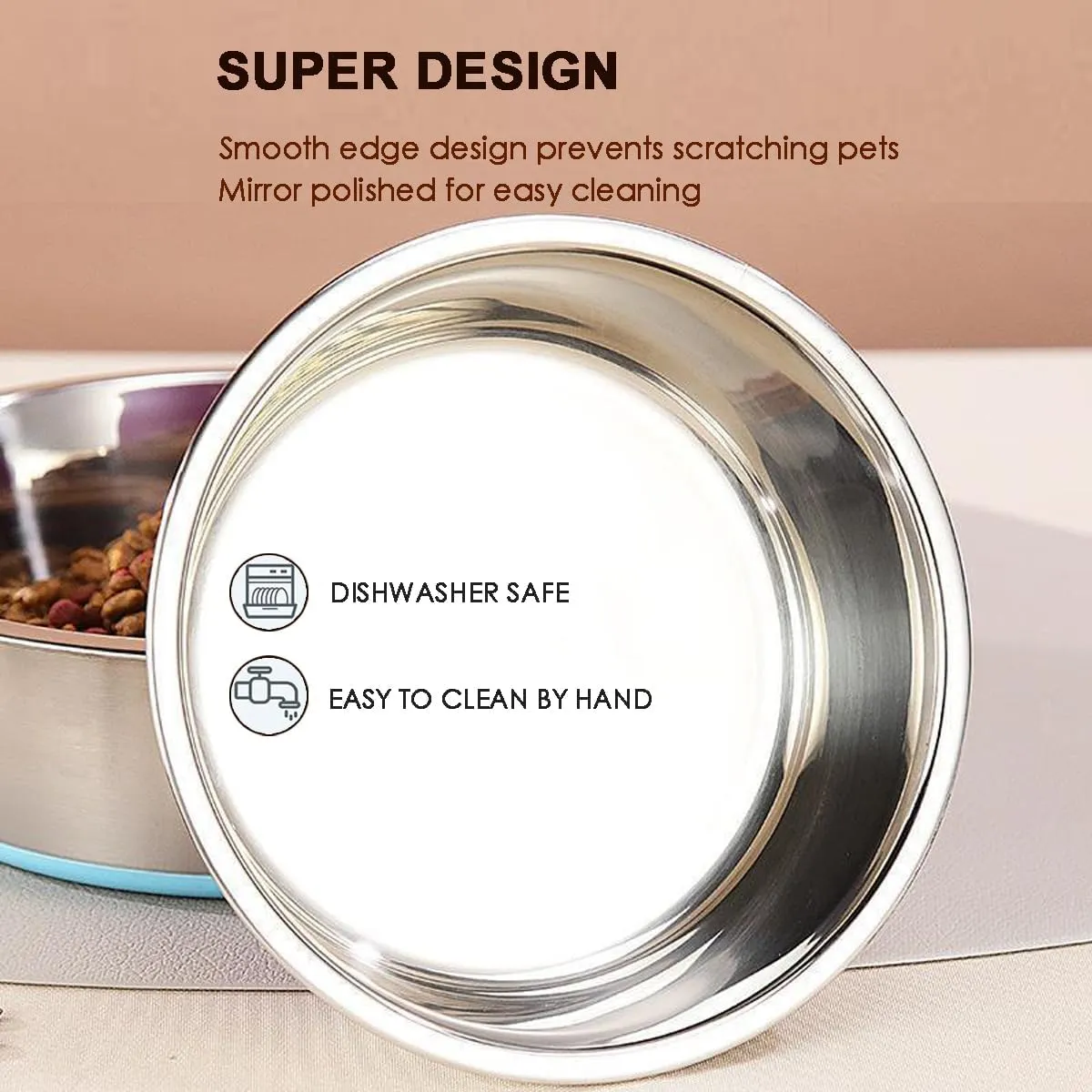 Set of 2 Dog Bowls, Rust Resistant Stainless Steel Pet Bowls, Holds 4 Cups, Heavy Duty Metal Food and Water Bowl for Feeding Dogs and Cats, Dishwasher Safe, BPA Free Rubber Base, Blue and Pink