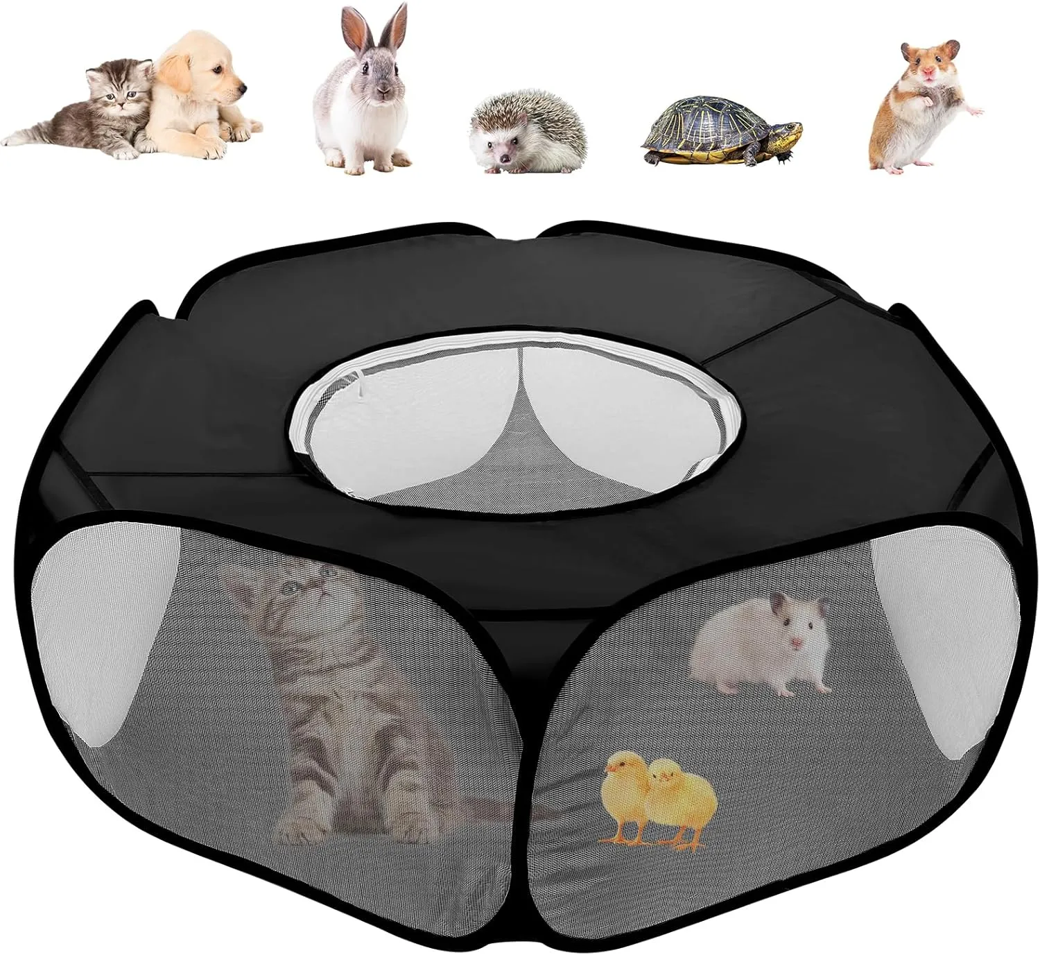 Small Animal Playpens with Top Cover, Foldable Breathable Small Pets Cage Tent Outdoor Indoor Portable Play Pen for Guinea Pig Hedgehog Hamster Cat Rabbit Bunny Puppy Ferret Rat Chicks (Black)