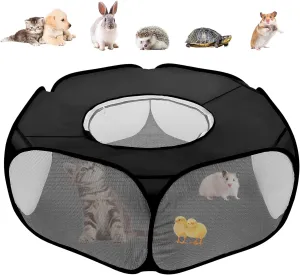 Small Animal Playpens with Top Cover, Foldable Breathable Small Pets Cage Tent Outdoor Indoor Portable Play Pen for Guinea Pig Hedgehog Hamster Cat Rabbit Bunny Puppy Ferret Rat Chicks (Black)
