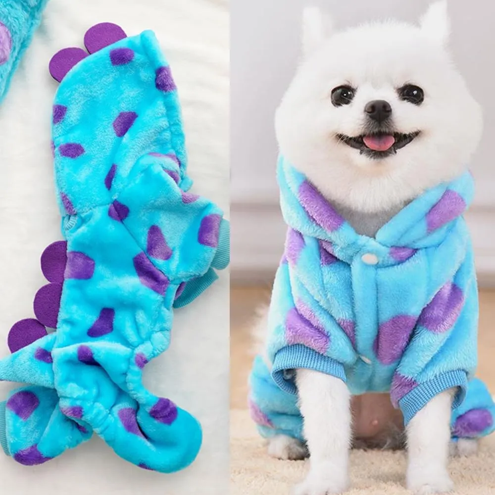 Small Dog Dinosaur Costume Funny Halloween Puppy Outfit Fleece Pet Pajamas for Dogs Cold Weather Coat Jumpsuit with D-Ring Winter Cat Clothes (Blue Dinosaur, Large)