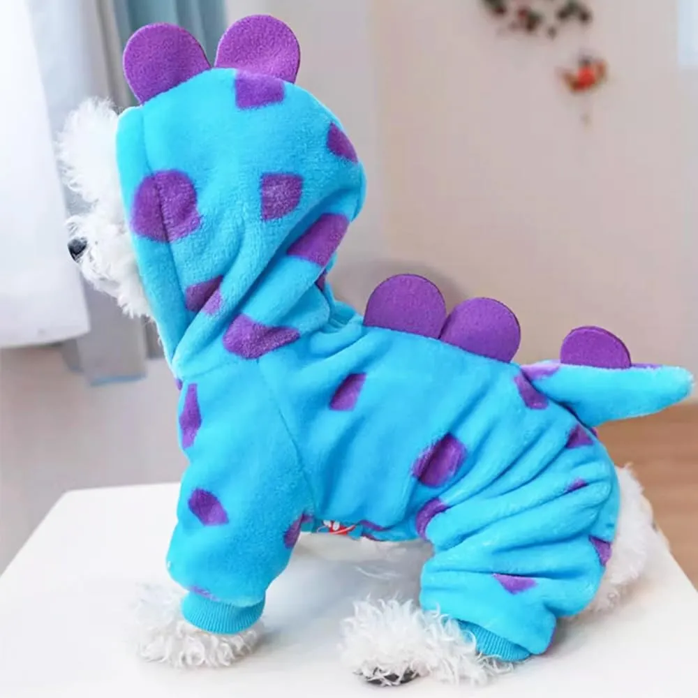 Small Dog Dinosaur Costume Funny Halloween Puppy Outfit Fleece Pet Pajamas for Dogs Cold Weather Coat Jumpsuit with D-Ring Winter Cat Clothes (Blue Dinosaur, Large)