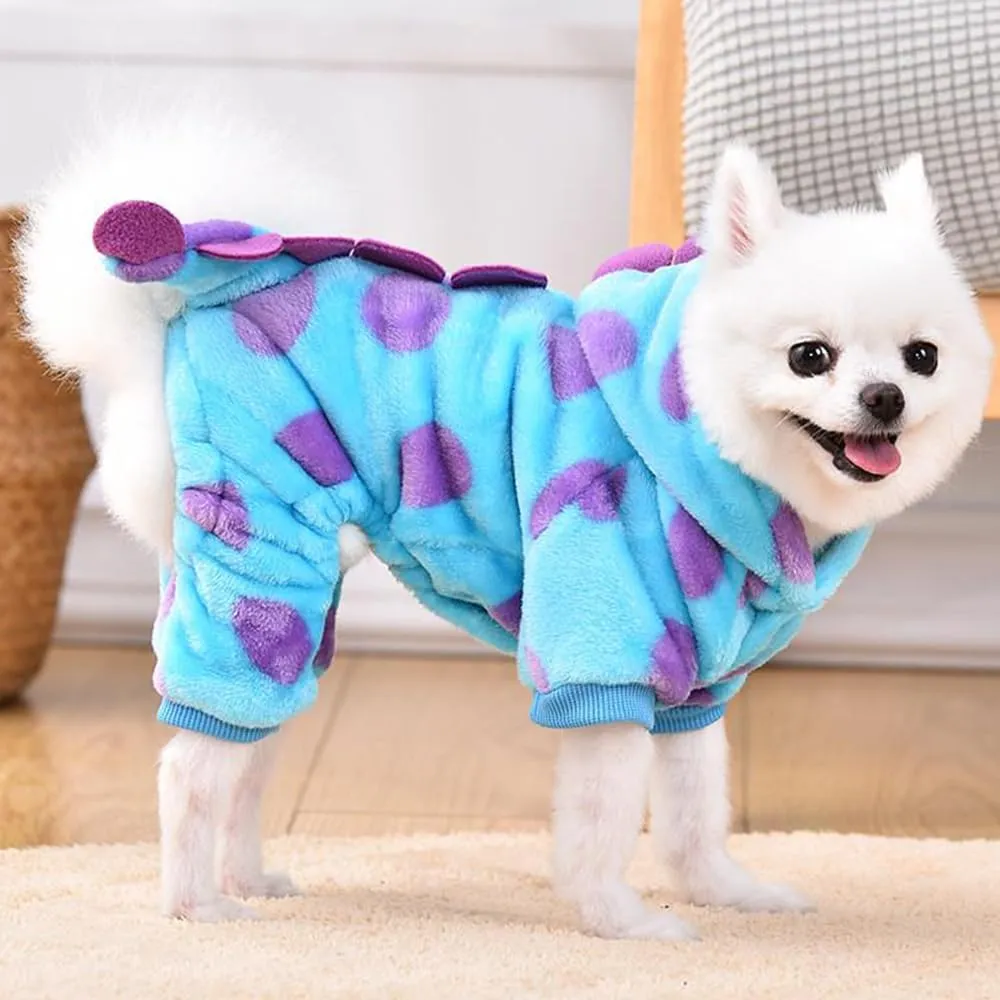 Small Dog Dinosaur Costume Funny Halloween Puppy Outfit Fleece Pet Pajamas for Dogs Cold Weather Coat Jumpsuit with D-Ring Winter Cat Clothes (Blue Dinosaur, Large)
