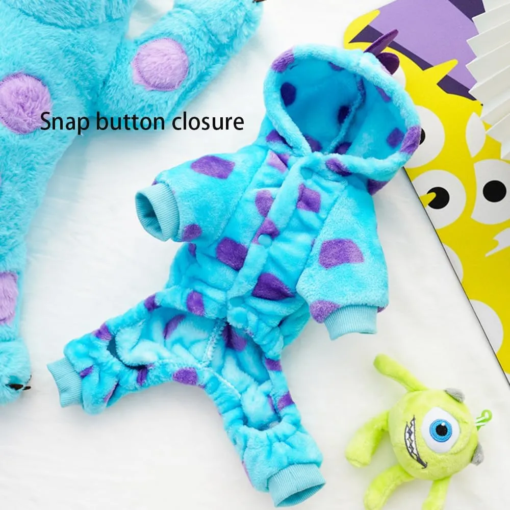 Small Dog Dinosaur Costume Funny Halloween Puppy Outfit Fleece Pet Pajamas for Dogs Cold Weather Coat Jumpsuit with D-Ring Winter Cat Clothes (Blue Dinosaur, Large)