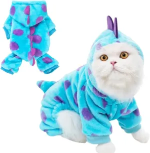 Small Dog Dinosaur Costume Funny Halloween Puppy Outfit Fleece Pet Pajamas for Dogs Cold Weather Coat Jumpsuit with D-Ring Winter Cat Clothes (Blue Dinosaur, Large)