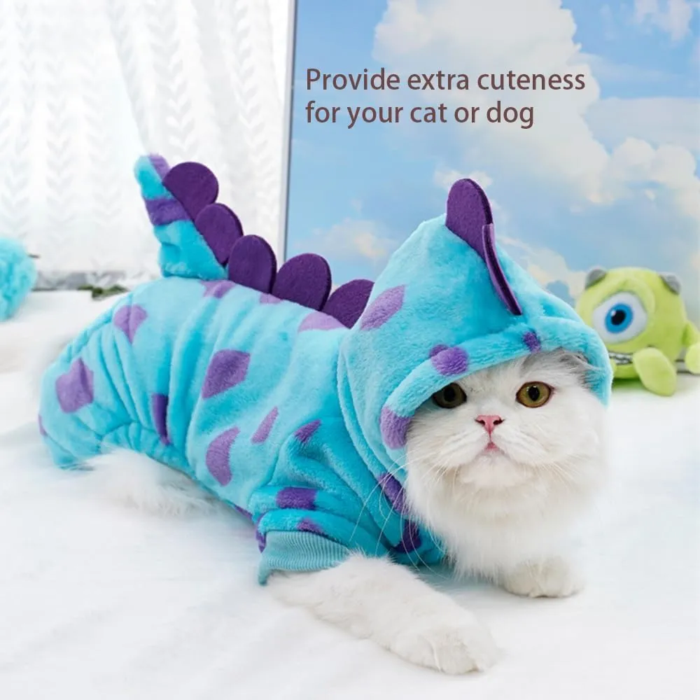Small Dog Dinosaur Costume Funny Halloween Puppy Outfit Fleece Pet Pajamas for Dogs Cold Weather Coat Jumpsuit with D-Ring Winter Cat Clothes (Blue Dinosaur, Large)