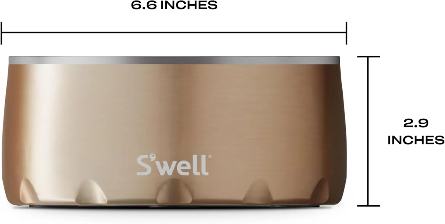 S'well Stainless Steel Pet Bowl, 32oz, Pyrite, for Small to Medium Size Dogs, Mess Free Design with Non Slip Rubber Bottom, Dishwasher Safe, BPA Free
