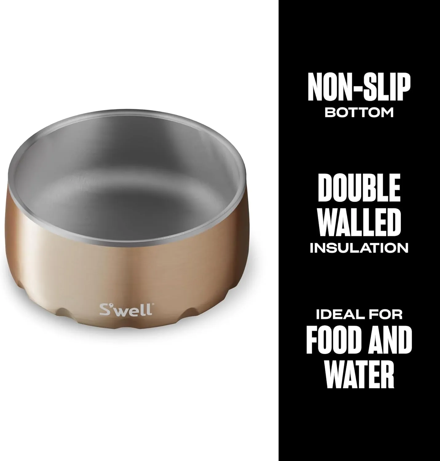 S'well Stainless Steel Pet Bowl, 32oz, Pyrite, for Small to Medium Size Dogs, Mess Free Design with Non Slip Rubber Bottom, Dishwasher Safe, BPA Free