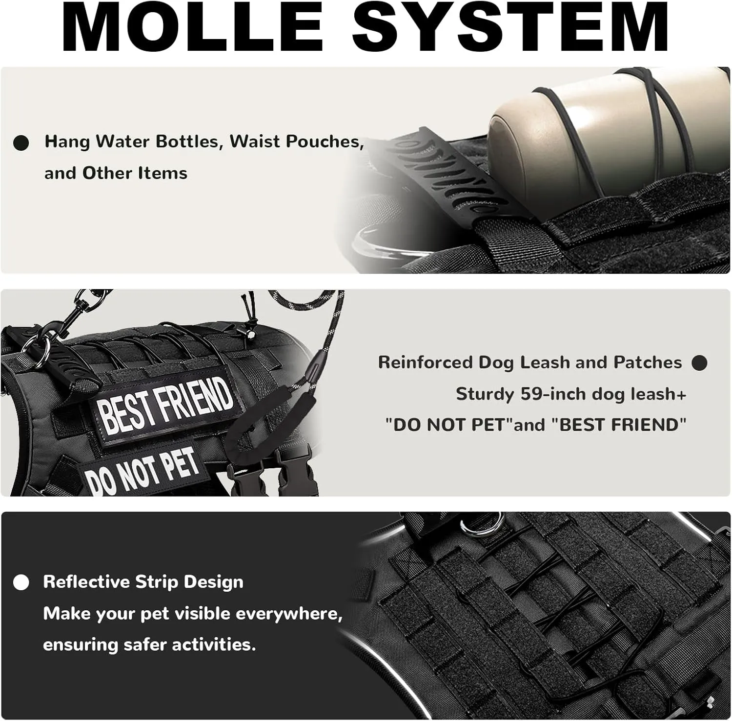 Tactical Dog Harness for Medium Dogs,No Pull Dog Harness and Leash Set,Patches,Tactical Dog Vest Harness for Walking Hiking Training,Black M