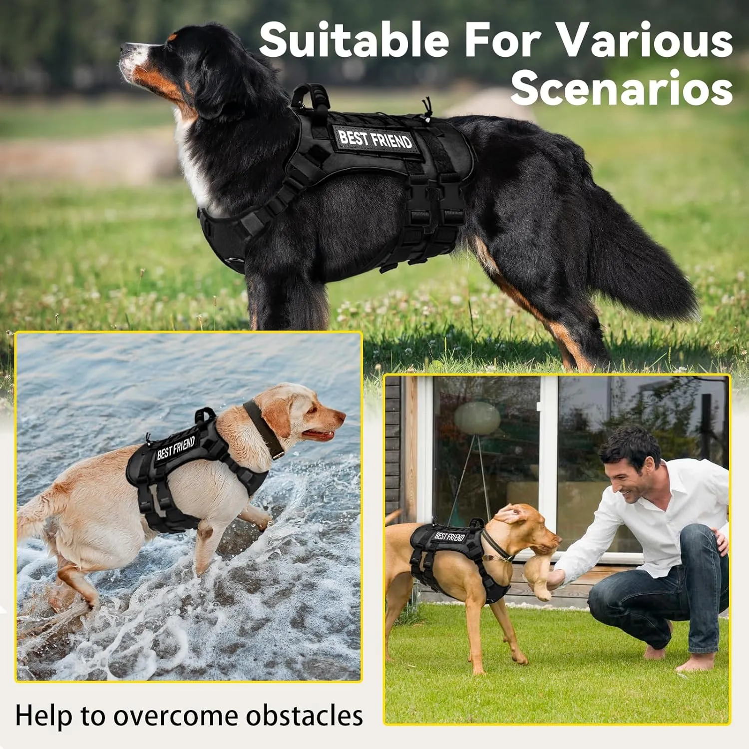 Tactical Dog Harness for Medium Dogs,No Pull Dog Harness and Leash Set,Patches,Tactical Dog Vest Harness for Walking Hiking Training,Black M