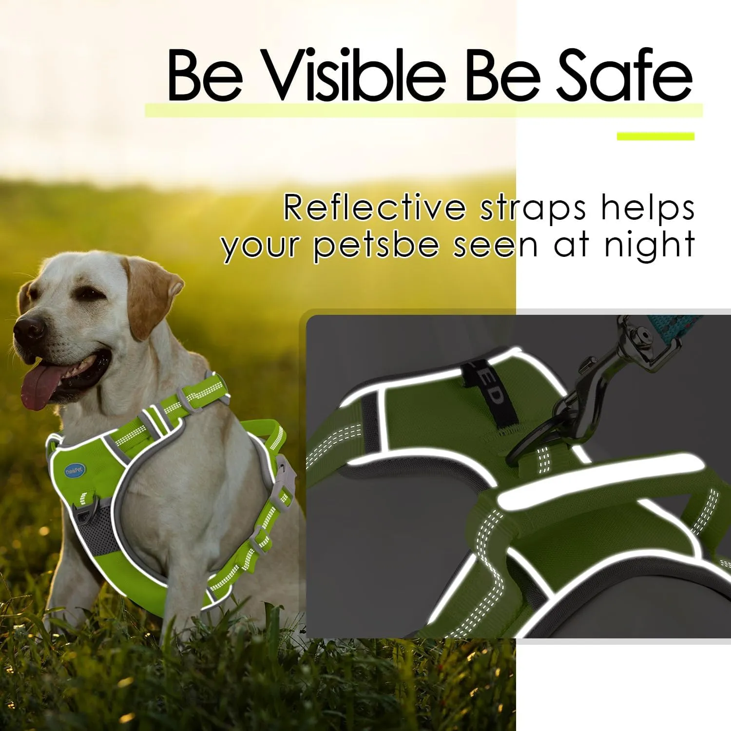 ThinkPet No Pull Harness Set Breathable Sport Harness with Handle - Reflective Padded Dog Safety Vest with Reflective Neon Dog Leash M Harness Leash Pack Green