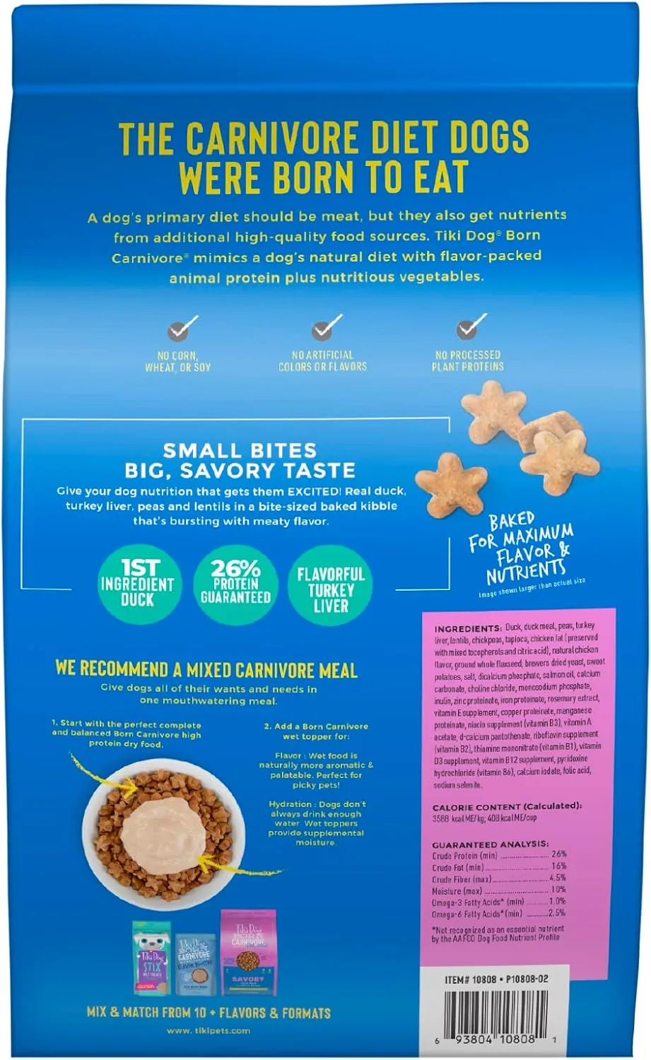 Tiki Dog Born Carnivore for Dogs, Savory Duck, Peas & Lentils Recipe, Grain Free Baked Kibble for Maximum Nutrition, For Adult Dogs and All Size Breed Dogs, 3.5 lbs Bag(Pack of 1)